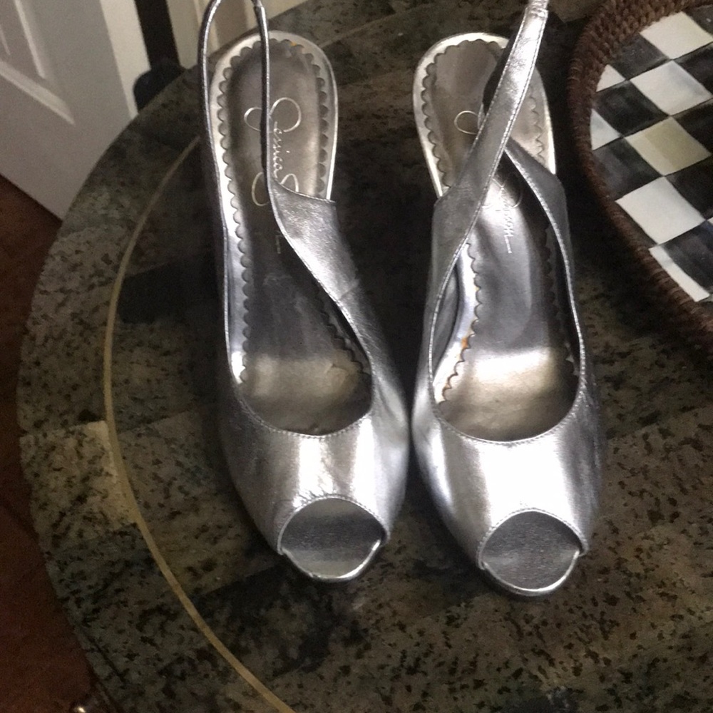 Jessica Simpson silver open toe heels